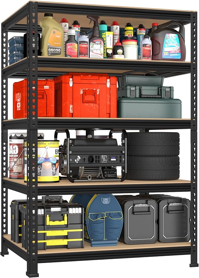 PrimeZone 32" W x 16" D x 63" H Storage Shelves - 5 Tier Adjustable Garage Storage Shelving, Heavy Duty Metal Storage Utility Rack Shelf Unit for Warehouse Pantry Closet Kitchen, Black
