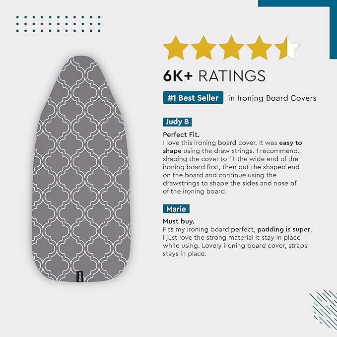 Encasa XO Ironing Board Cover and Pad 42"x14" - Thick 3mm Felt Padding, Drawstring Tightening & Lock, Easy Fit, Scorch & Stain Resistant, Fits Medium Ironing Board - Big Leaves Blue