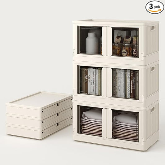FLEXIMOUNTS 228 QT Stackable Storage Bins With Lids, Collapsible Plastic Storage Bins With Doors and Built-in Wheels For Home Dorm Closet Organizers and Storage, 3 Pack Cubes, Milky White