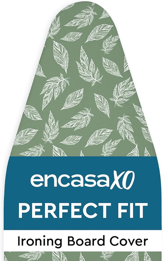 Encasa XO Ironing Board Cover and Pad 49"x18" - Thick 3mm Felt Padding, Drawstring Tightening & Lock, Easy Fit, Scorch & Stain Resistant, Fits Wide Ironing Board - Big Leaves Green