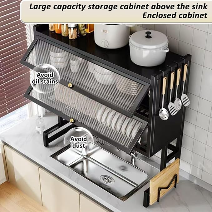 Dish Drying Rack 4 Tiers with Cover, Keep Kitchen Sink Shlef Organized Space-Saving Dish Drying Rack, Large Drying Rack for Dishes, Glasses, Bowls, Cutlery (Black, W-25.6)