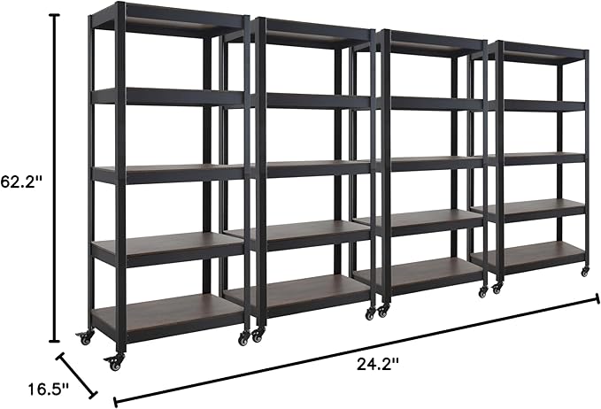 HOMEDANT House 5-Tier Metal Rolling Cart Shelf Rack Casters Heavy Duty Laminated Wheel Shelving Unit Adjustable Utility Storage Shelves Organizer Shelf Kitchen Garage 24.4" W x 16.5" D x 62.2" H 4Pack