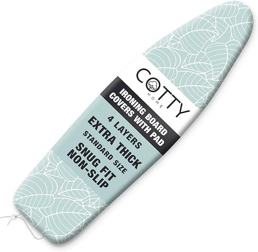 Extra Thick Ironing Board Covers with Pad Standard Size 15x54, Snug Fit Adjustable Drawstring Tightening with Stopper, Heat Reflective Coating, Nose Pocket and Fastener Straps, Green Floral