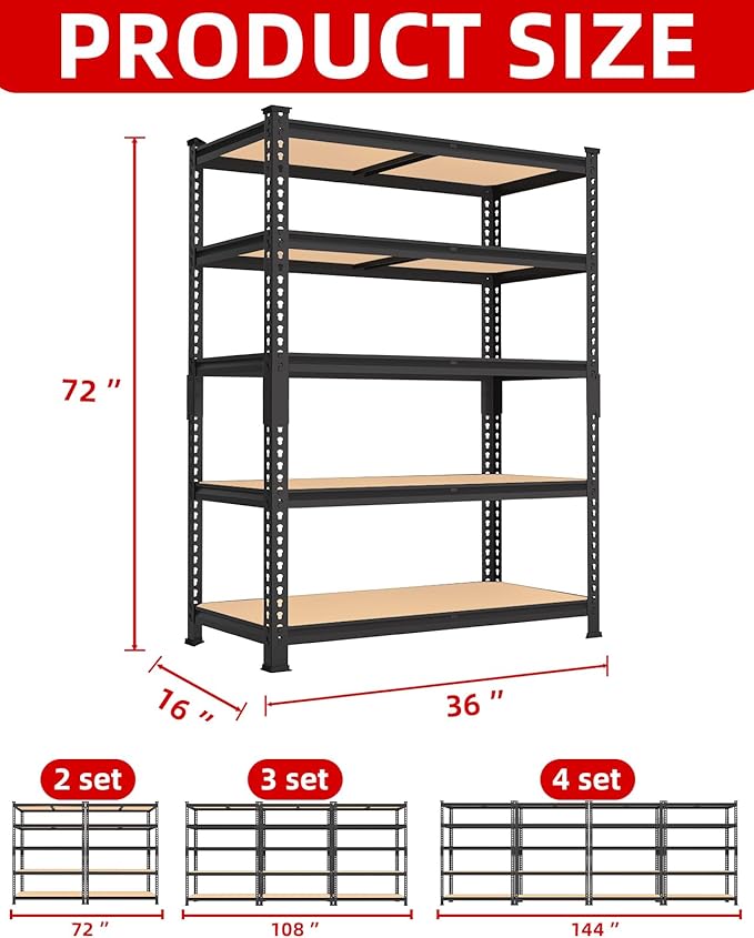 PrimeZone 36" x 16" x 72" Heavy Duty Storage Shelves - 5 Tier Adjustable Garage Storage Shelving, Metal Storage Utility Rack Shelf Unit for Warehouse Pantry Closet Kitchen, Black