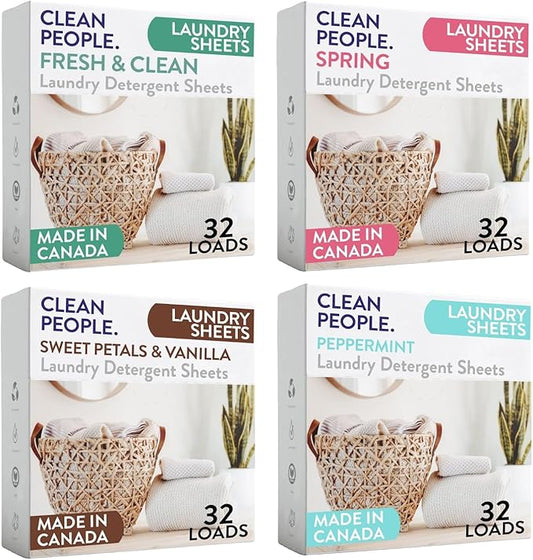 Clean People Laundry Detergent Sheets- Recyclable Packaging, Hypoallergenic, Stain Fighting, Works with All Machines including HE (128 Count, Variety Pack)
