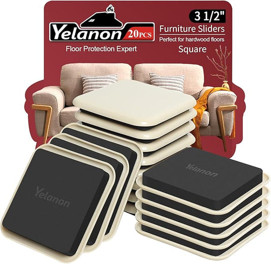 Yelanon Furniture Sliders, 20 pcs-3 1/2” Square Beige Furniture Sliders for Carpet, Furniture Pads for Hardwoods Floors，Furniture Movers Sliders, Reusable Moving Pads, Floor Protectors for Carpet