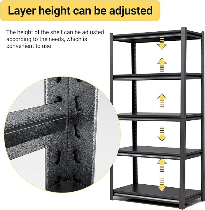 Heavy Duty Garage Shelving, Metal Storage Shelves, Adjustable 5 Tier Metal Shelving Unit, Industrial Utility Rack for Garage, Warehouse, Workshop, 12" D×27.5" W×60" H, Black