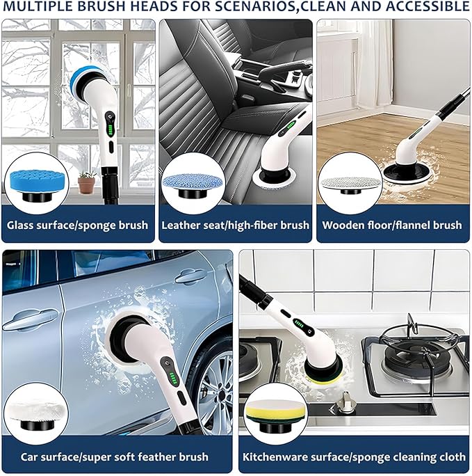 Electric Spin Scrubber, Cordless Cleaning Brush with 9 Attachment Shower and Grout Cleaner, Adjustable Extension Handle, IPX7 Waterproof for Tile Floor Tub Car (White)