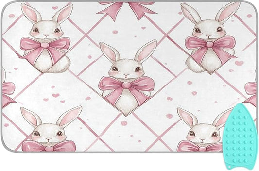 Easter Bunny Bows Pink Ironing Mat Thickened Ironing Blanket Travel Portable Double-Side Using Ironing Pad Travel Isolate Heat Pad Cover for Washer Dryer Table Top Countertop 27.6x47.2in