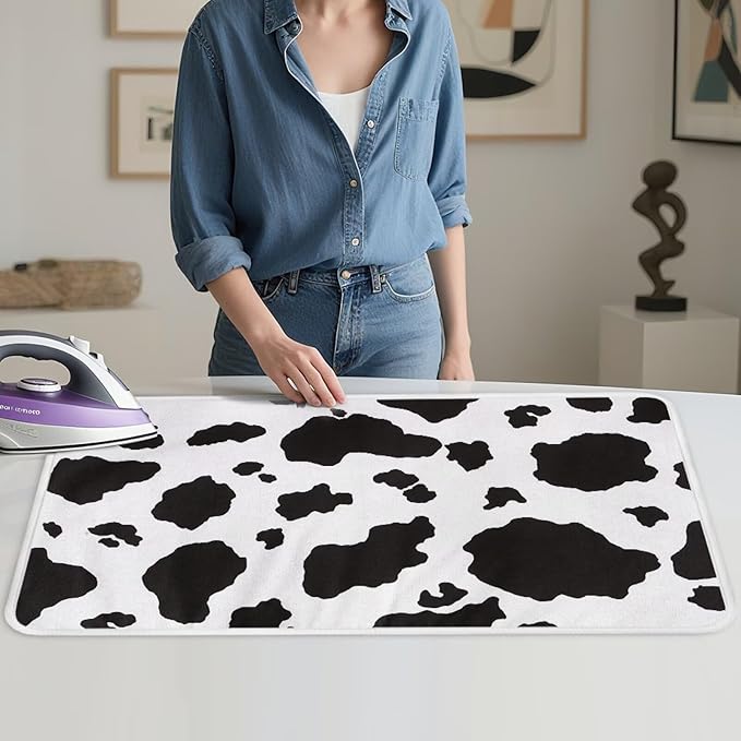 Cow Print Ironing Mat Portable Ironing Pad,Black and White 32 x 16 Inch Large Ironing Mat for Table Top of Washer, Dryer, Table Top, Countertop, Heat Resistant Iron Board Pads