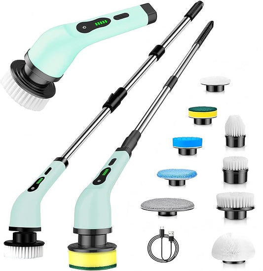 Cordless Electric Spin Scrubber, Hands-Free Shower Cleaning Tool with 9 Attachments & Extension Handle, IPX7 Waterproof for Tub, Tile Grout, Bathroom, Car, Floor - No More Back Pain (Green)