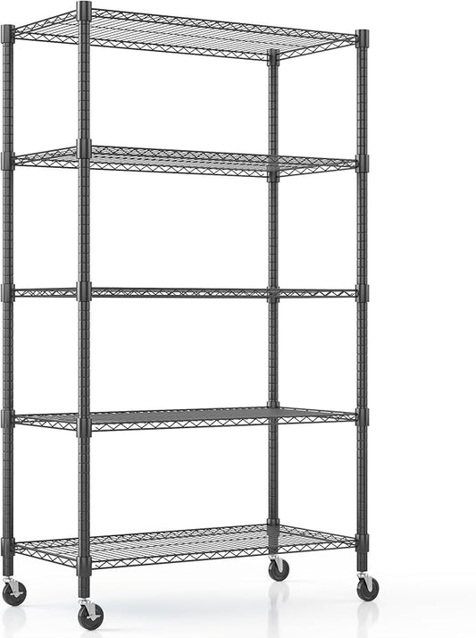 Himimi 5-Tier Heavy Duty Steel Wire Rack Storage Shelving, Adjustable Metal Storage Shelves with Wheels, 82''H Wire Shelf for Kitchen Garage Basement Pantry Organization, 18" D×36" W×82" H-Black