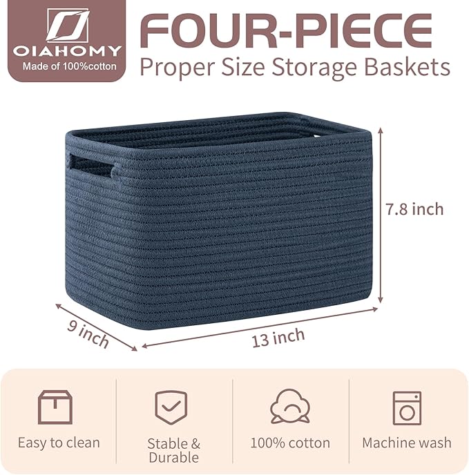 OIAHOMY 4 Pack Storage Baskets for Organizing, Cube Storage Bins for Shelves, Rectangle Storage Baskets With Handles, Woven Baskets for Storage, 12.7''Lx9''Wx7.8''H, Blue