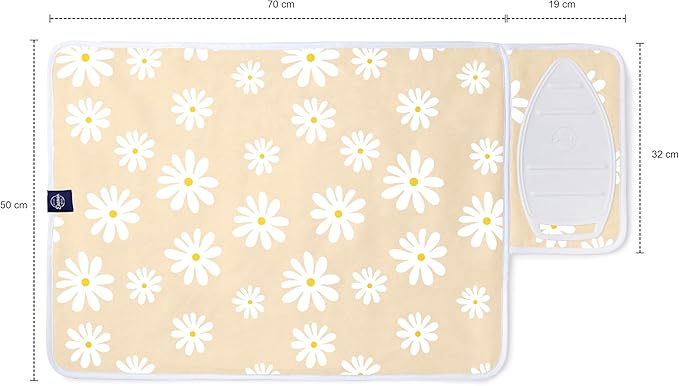 Encasa Homes Ironing Mat/Pad (Small 28"x20") with 3mm Padding & Silicone Iron Rest for Steam Pressing on Tabletop or Bed - Heat Resistant, Portable, Quilting & Travel Blanket - Daisy Beige