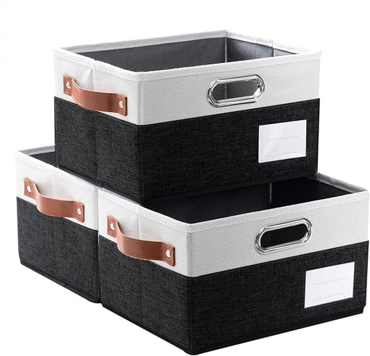 PRANDOM Foldable Storage Bins with Handles [3-Pack] Fabric Collapsible Storage Boxes Baskets Cubes Containers with Handles for Closet Living Room Bedroom (Black & White 11.5x8.5x6.7'')