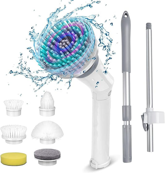 Qimedo Upgrade Rechargeable Electric Scrubber for Cleaning, 45-inch Handheld Spin Scrubber with Extended Long Handle, Cordless Power Dish Scrubber with 6 Brushes for Bathtub Grout Tile Floor