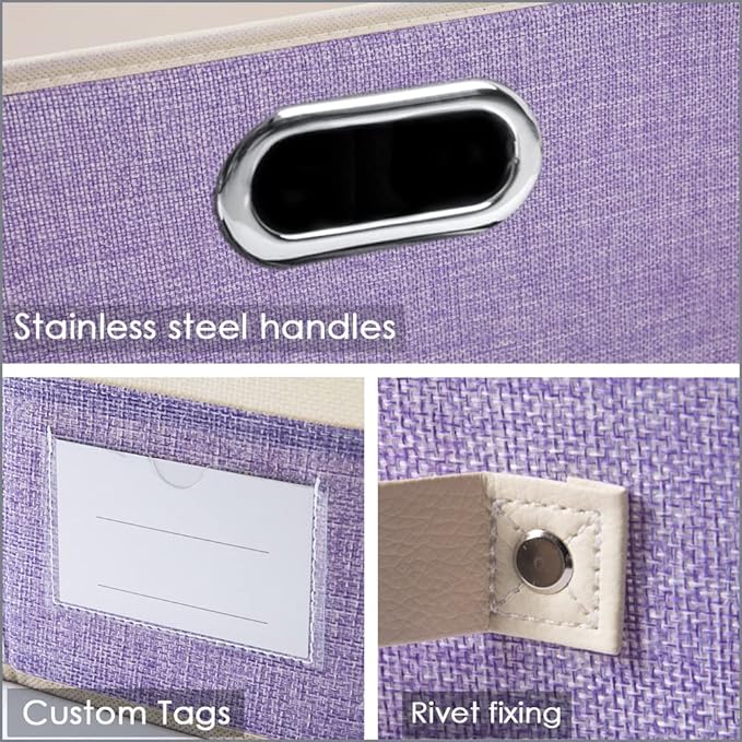 PRANDOM Large Fodable Storage Bins for Closet [3-pack] Decorative Fabric Storage Baskets Cubes with Leather/Metal Handles for Shelves Bedroom Living Room Purple&Cream (14.9x9.8x8.3 Inch)