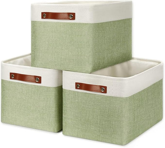 DULLEMELO Fabric Storage Bins for Laundry, Home, Foldable Storage Baskets for Shelves, Toys, Collapsible Storage Bins for Office,Bedroom(3-Pack Medium-15 inch X 11 inch X 9.5 inch , White&Green)