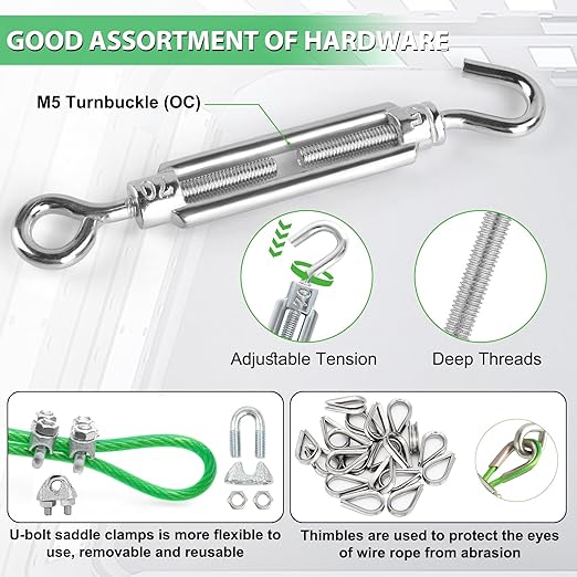 M6 Turnbuckles for Cables Wire, 3/16" Green PVC Coated Wire Rope Kit, Multi-use Steel Cable for Grape Vines/Clothes Line Outdoors for T Post/String Light Hanging/Garden Wire