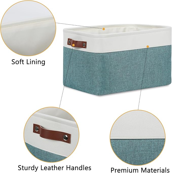 DULLEMELO Storage Baskets for Organizing,Rectangular Fabric Storage Bins with Handles for Office,Bedroom(3-Pack -15 inch X 11 inch X 9.5 inch, White&Dark Green)