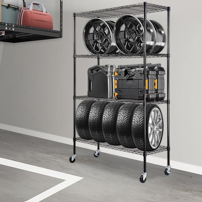 VEVOR Storage Shelving Unit, 4-Tier Adjustable Storage Shelves, 48" L x 18" W x 74" H Garage Storage Shelves, Metal Shelves with Wheels for Kitchen Pantry Basement Bathroom Laundry