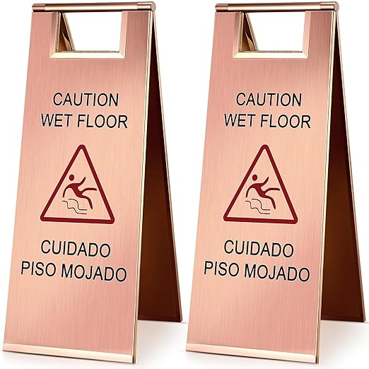 Kigley 2 Pcs Wet Floor Sign, 24 Inch Stainless Steel Caution Wet Floor Sign Double Sided Portable Foldable Bilingual Safety Warning for Hotel Market Restroom Restaurant Office (Rose Gold)