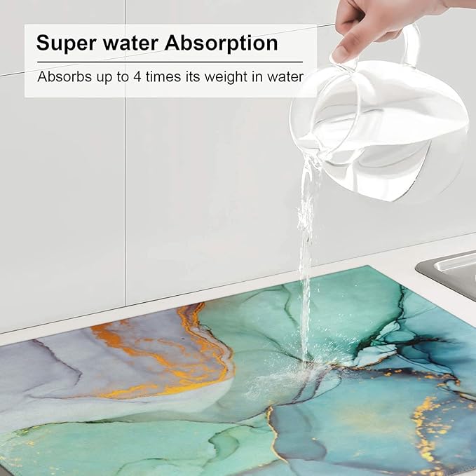Teal Marble Golden Swirls Pattern Dish Drying Mats For Kitchen Counter Microfiber Absorbent dish Mat Xl Reversible Drying Mats For Countertop 18 Inch X 24 Inch