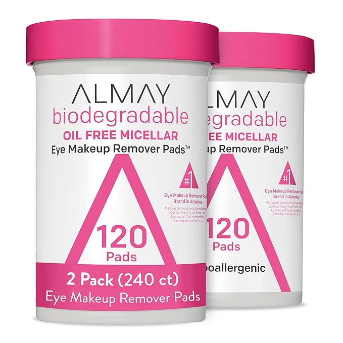 Almay Biodegradable Makeup Remover Pads, Micellar Gentle, Hypoallergenic, Fragrance-Free, Dermatologist & Ophthalmologist Tested, 120 Count (Pack of 2)