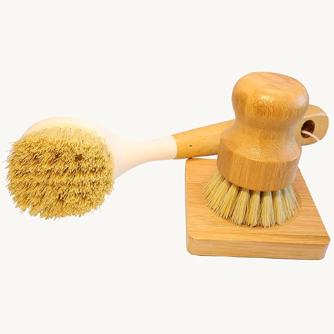 Natural Bristle Dish Brush Set, 1 Wooden Dish Brush and 1 Bamboo Dish Brush with 1 Bamboo Drainer Tray, All Circle Kitchen Scrub Brush for Dishes