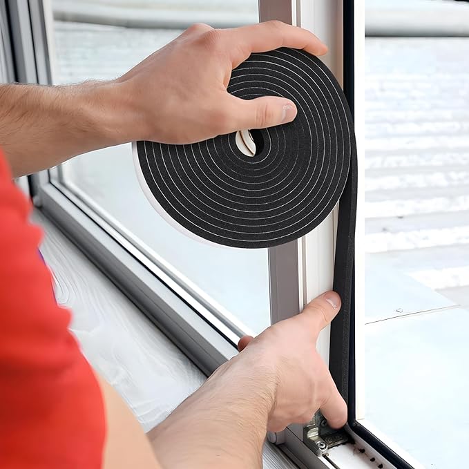 Weather Stripping Door Seal Strip- 1/2 Inch X 1/2 Inch X 10Feet, Strong Adhesive, Lightproof, Soundproof, Weatherproof Foam Tape Insulation for Sliding Door, Front Door Frame, Windows- Black