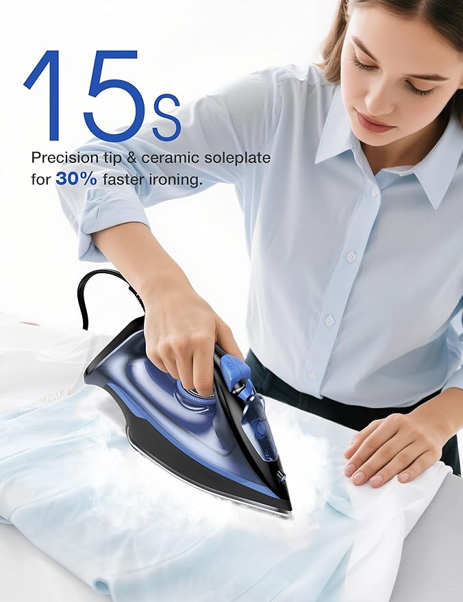 Sundu Steam Iron for Clothes with Rapid Heating Ceramic Coated Soleplate, 1500W with Precise Thermostat Dial, Self-Cleaning, Auto-Off, 15.21oz Water Tank for Home Clothes Ironing Use, Blue