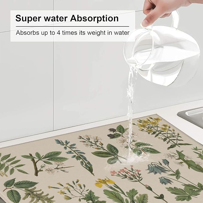 Vintage Color Plants Herbs Floral Microfiber Dish Drying Mat For Kitchen Countertop Absorbent Reversible Drainer Rack Pad 18 X 16 Inch