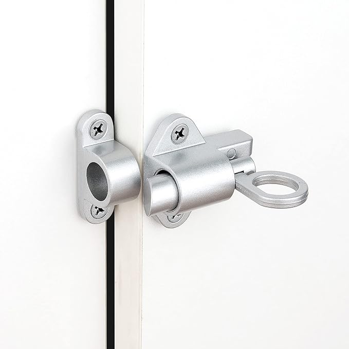 5 Packs Self-Closing Latches，Silver Gray Spring Door Lock，Resilient Bolt Latch Aluminum Alloy Safety Automatic Spring Barrel Slide Door Lock with Screws,Used for Gate,Window and Cabinet etc