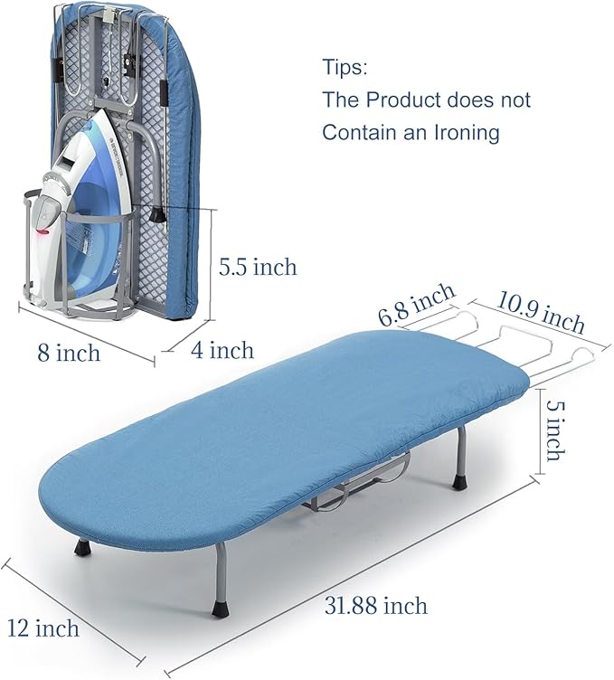 Metal Foldable Iron Board with Iron Holder, RAINHOL Small Ironing Board Tabletop with Heat Resistant Cover, 31x12 Mini Compact Ironing Table for Dorms, Aprtment, Blue
