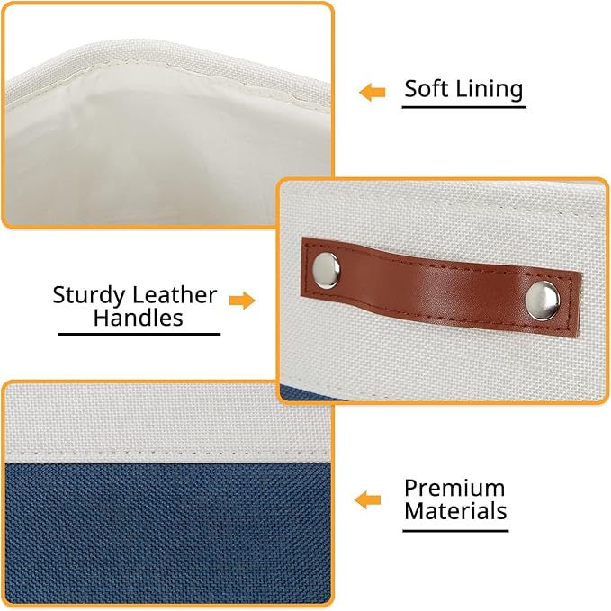 DULLEMELO Foldable Storage Cubes 12 x 12 Organizer Bins,Canvas Storage Bins Empty Gift Baskets for Organizing with SturdyLeather Handles, Closet Baskets for Nursery Storage(4 Pack - 12" White&Blue)
