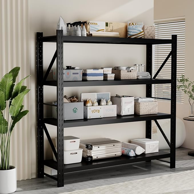Storage Shelves Heavy Duty, Metal Garage Shelving Units, 4 Tier Storage Rack Shelf, Steel Industrial Shelving, Adjustable Standing Shelf for Basement/Warehouse (Black, W47.24*D19.69*H78.74)