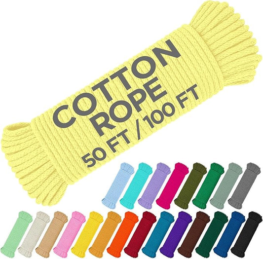 TECEUM Cotton Rope 3/16” (5 mm) – 50 FT – Strong All-Purpose Braided Rope – Natural Cotton – for Crafting, Сamping, Clothes Line, DIY, Indoor & Outdoor Use – Pastel Yellow