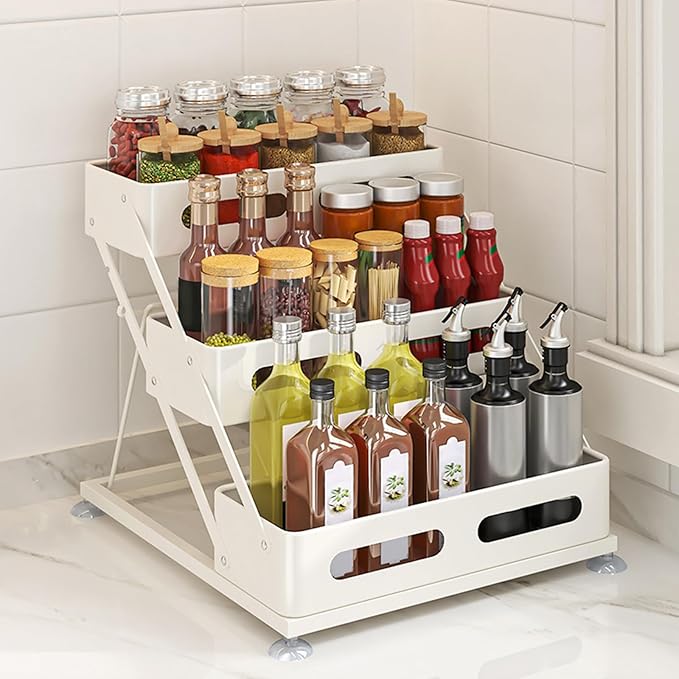 3 Tier Foldable Spice Rack for Countertop Iron Kitchen Seasoning Organizer for Cabinet, White