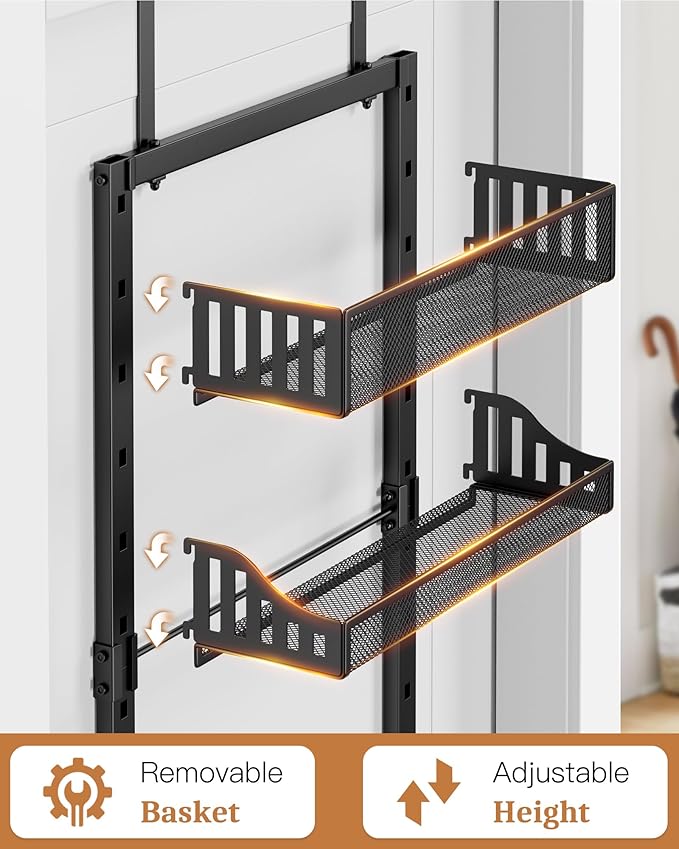 8-Tier Over the Door Pantry Organizer, Large Metal Door Spice Rack with Adjustable Basket, 2 in 1 Wall Mount or Hanging Heavy-Duty Pantry Door Storage Shelf for Kitchen and Bathroom, Black