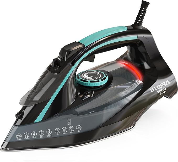 Utopia Home Steam Iron for Clothes - Non-Stick Soleplate - 1800W Clothes Iron With Auto-Off Safety Feature - Adjustable Thermostat Control, Variable Steam Control, Self-Clean, 8 Feet Cord (Black/Teal)