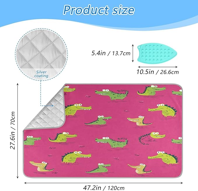 Pink Funny Crocodiles Ironing Mat Thickened Ironing Blanket Travel Portable Double-Side Using Ironing Pad Travel Isolate Heat Pad Cover for Washer Dryer Table Top Countertop 27.6x47.2in