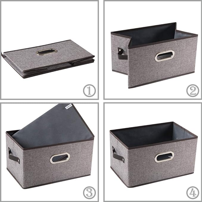 PRANDOM Large Collapsible Storage Baskets for Closet [5-pack] Decorative Fabric Storage Bins Cubes with Leather/Metal Handles for Shelves Bedroom Living Room Grey (14.9x9.8x8.3 Inch)