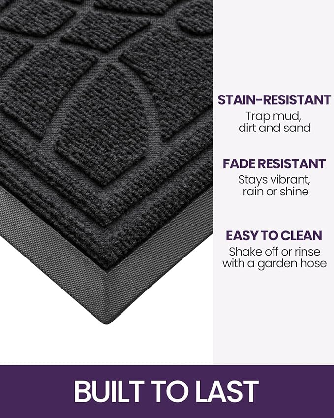 DEXI Front Door Mat Outside Entrance, Heavy Duty Non Slip Low Profile Doormat for Entryway, Trap Dirt and Moisture Welcome Mats, Easy Clean, Patio, Garage, 17x29, Black