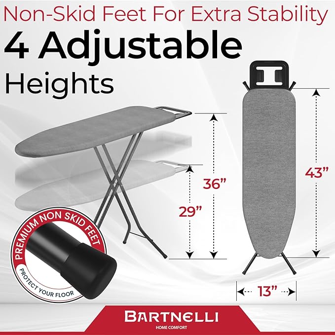 Bartnelli by Rorets Ironing Board Made in Europe | Iron Board with 4 Layered Cover & Pad, Height Adjustable up to 36" Features A Safety Iron Rest, 4 Steel Legs, for Laundry Room or Dorm Use (43x14)