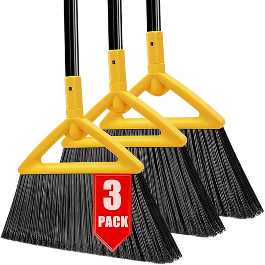 Heavy Duty Broom Outdoor and Indoor, 3 Pack Upgraded Commercial Angle Brooms, Perfect Yellow Broom of House, Kitchen, Garage, Courtyard