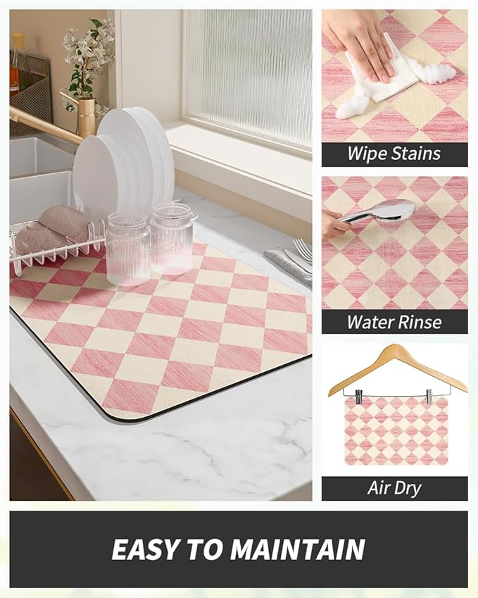 AMOAMI Coffee Mat Hide Stain Rubber Backed Absorbent Dish Drying Mat for Kitchen Counter - Fits Under Coffee Maker or Machine - PINK 17x31.5