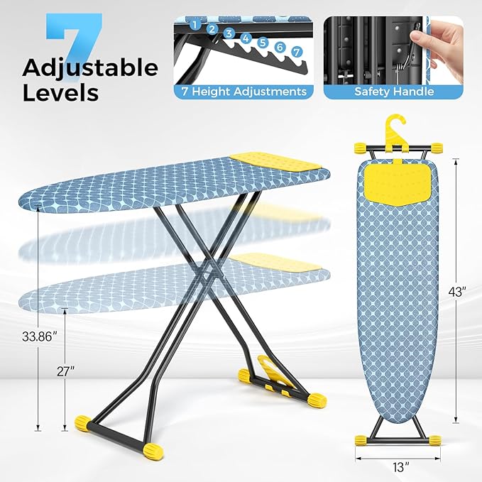 KINGBOARD Ironing Board, Compact Iron Board with Silicon Iron Mat, Heat Resistant Cover, 7 Height Adjustable, Foldable Ironing Board Wall Mount Hanger, 13x43 Yellow