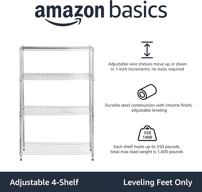 Amazon Basics 4-Shelf Adjustable Heavy Duty Steel Wire Rack Storage Shelving Organizer for Kitchen, Garage, 36" L x 14" W x 54" H, Chrome Silver