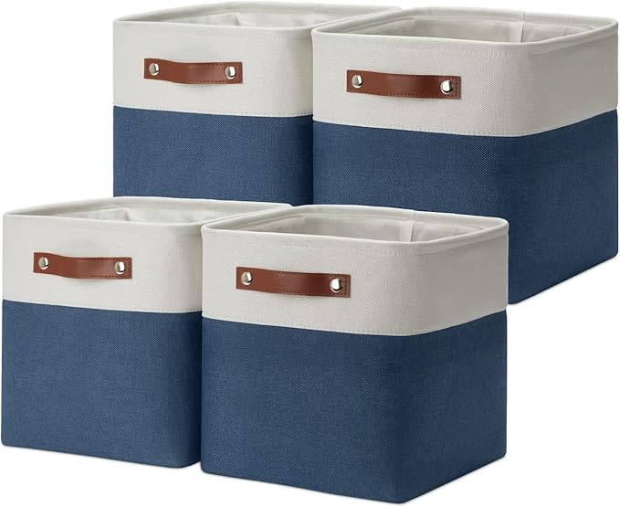 DULLEMELO [Set of 4 Storage Cubes Baskets for Organizing, 11 x 11 x 11 inch Cube Storage Organizer Bins with Leather Handles, Foldable Fabric Cloth Bins for Cube Storage(4 Pack - 11" White&Blue)