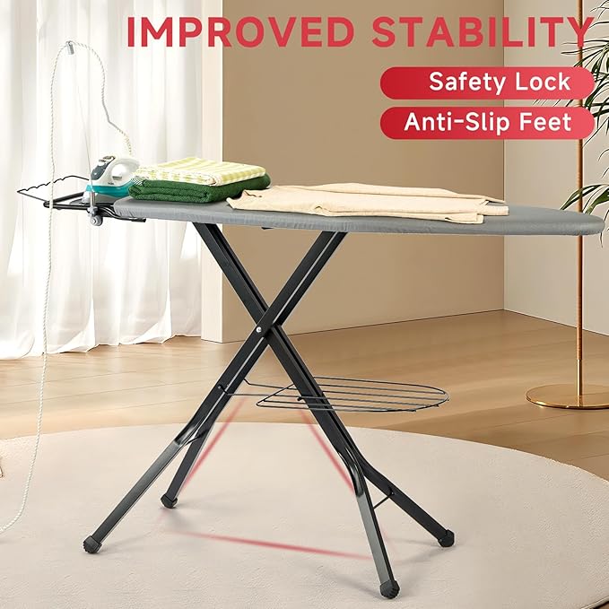 Extra Wide Full Size Ironing Board 57" L X18 W, Multifunctional Sturdy Ironing Board with Iron Rest, Foldable Adjustable Iron Board with Heat Resistant Cover, Enhanced Stability, Black Grey.